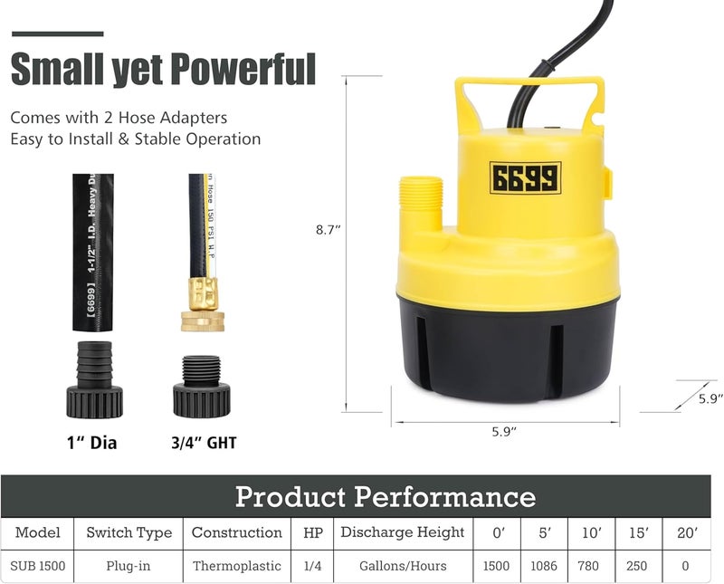 6699 Submersible Sump Pump 1/4 HP 1500GPH Utility Pump Thermoplastic Electric Portable Transfer Water Pump with 10-Foot Cord for Pool Tub Garden Pond Draining Tankless Heater Flushing - Image 4